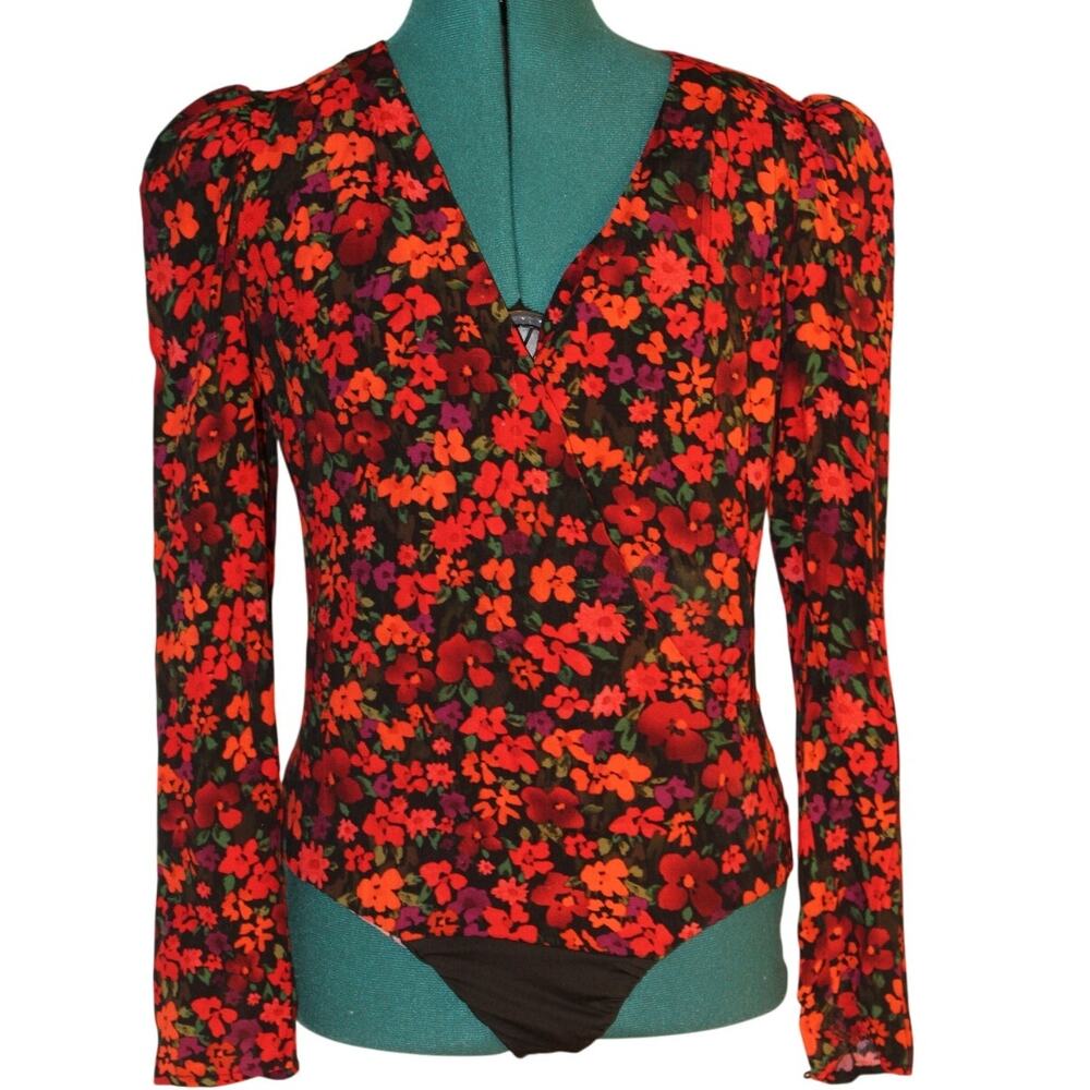 ASTR The Label Floral Sheer Long Sleeve Bodysuit Black Red Women's Small - Picture 2 of 6